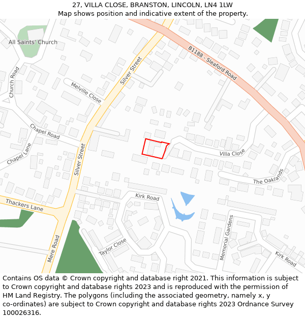 27, VILLA CLOSE, BRANSTON, LINCOLN, LN4 1LW: Location map and indicative extent of plot