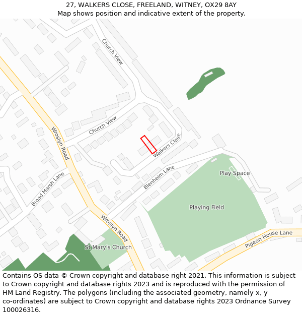 27, WALKERS CLOSE, FREELAND, WITNEY, OX29 8AY: Location map and indicative extent of plot