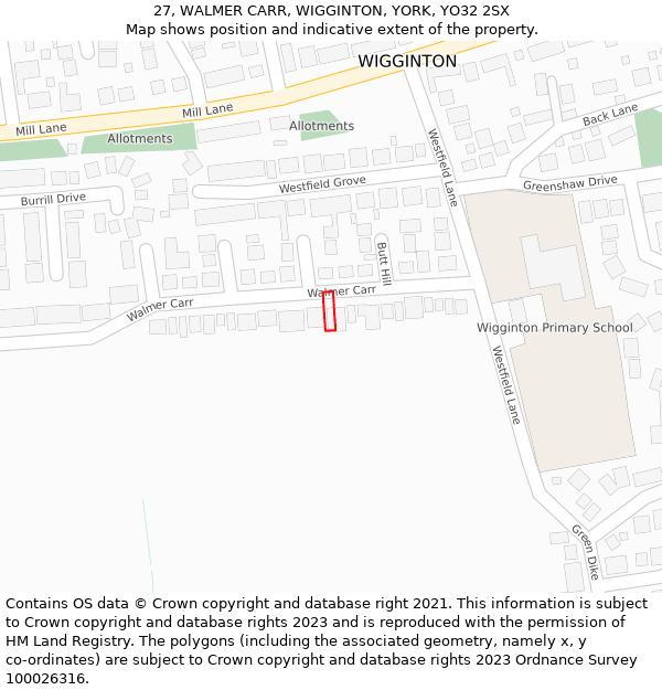 27, WALMER CARR, WIGGINTON, YORK, YO32 2SX: Location map and indicative extent of plot