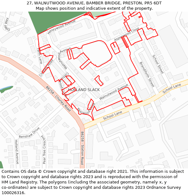 27, WALNUTWOOD AVENUE, BAMBER BRIDGE, PRESTON, PR5 6DT: Location map and indicative extent of plot