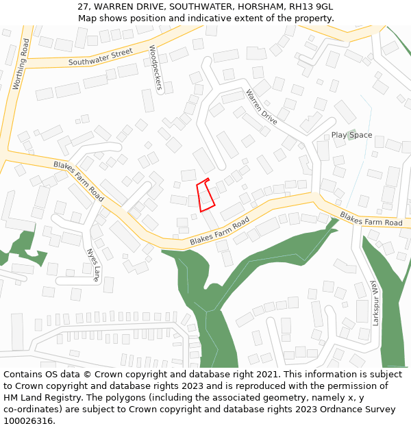 27, WARREN DRIVE, SOUTHWATER, HORSHAM, RH13 9GL: Location map and indicative extent of plot