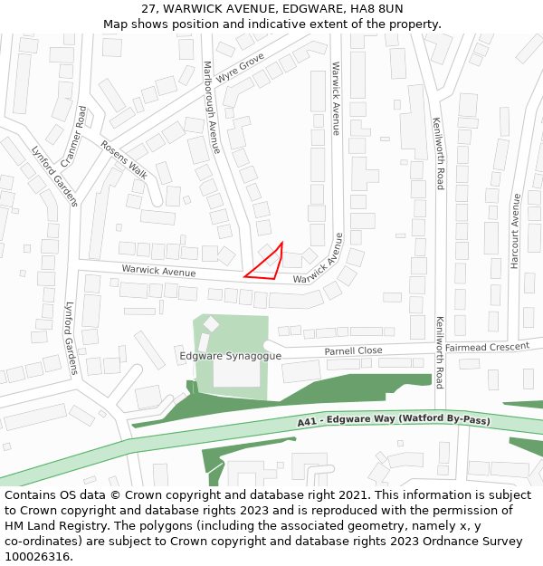 27, WARWICK AVENUE, EDGWARE, HA8 8UN: Location map and indicative extent of plot