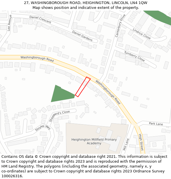 27, WASHINGBOROUGH ROAD, HEIGHINGTON, LINCOLN, LN4 1QW: Location map and indicative extent of plot