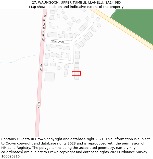 27, WAUNGOCH, UPPER TUMBLE, LLANELLI, SA14 6BX: Location map and indicative extent of plot