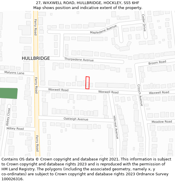 27, WAXWELL ROAD, HULLBRIDGE, HOCKLEY, SS5 6HF: Location map and indicative extent of plot