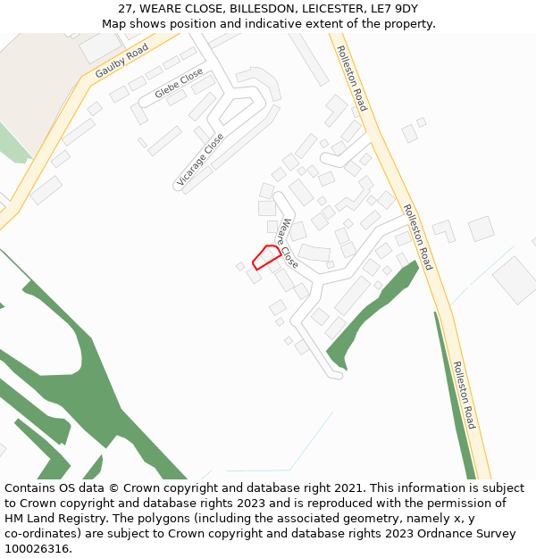 27, WEARE CLOSE, BILLESDON, LEICESTER, LE7 9DY: Location map and indicative extent of plot