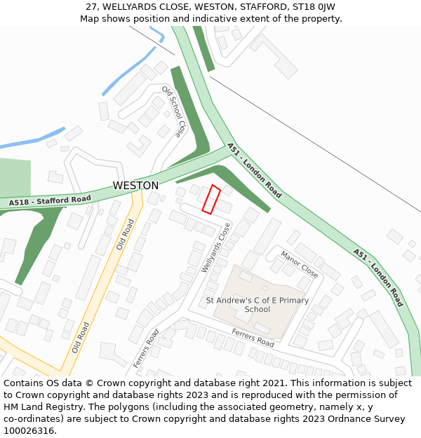 27, WELLYARDS CLOSE, WESTON, STAFFORD, ST18 0JW: Location map and indicative extent of plot