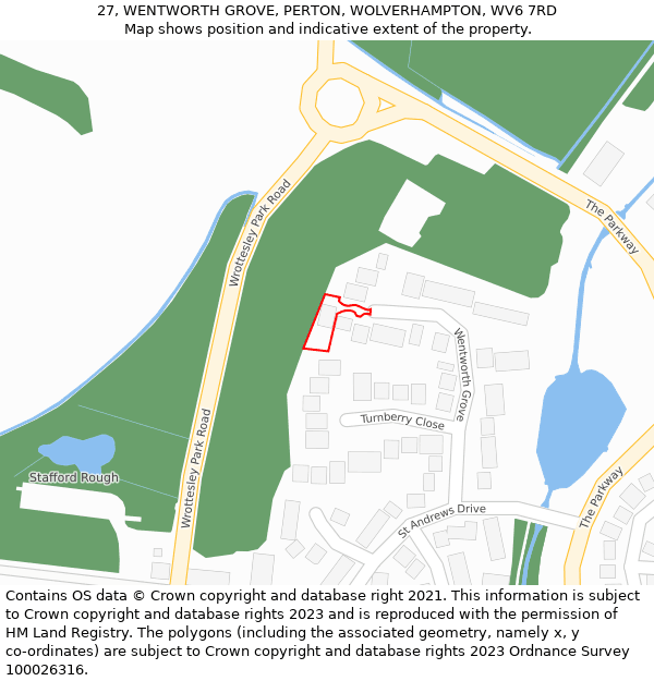 27, WENTWORTH GROVE, PERTON, WOLVERHAMPTON, WV6 7RD: Location map and indicative extent of plot