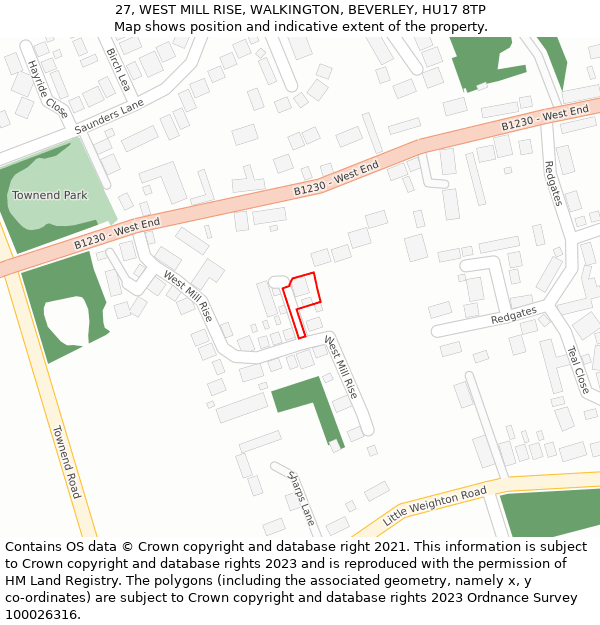 27, WEST MILL RISE, WALKINGTON, BEVERLEY, HU17 8TP: Location map and indicative extent of plot