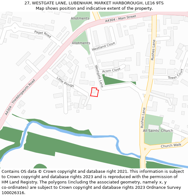 27, WESTGATE LANE, LUBENHAM, MARKET HARBOROUGH, LE16 9TS: Location map and indicative extent of plot