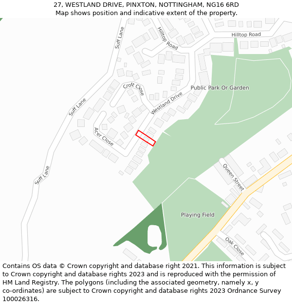 27, WESTLAND DRIVE, PINXTON, NOTTINGHAM, NG16 6RD: Location map and indicative extent of plot