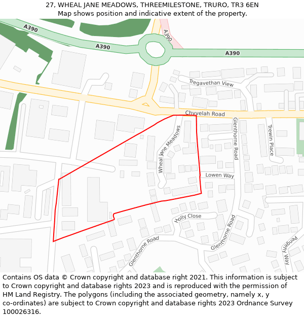 27, WHEAL JANE MEADOWS, THREEMILESTONE, TRURO, TR3 6EN: Location map and indicative extent of plot