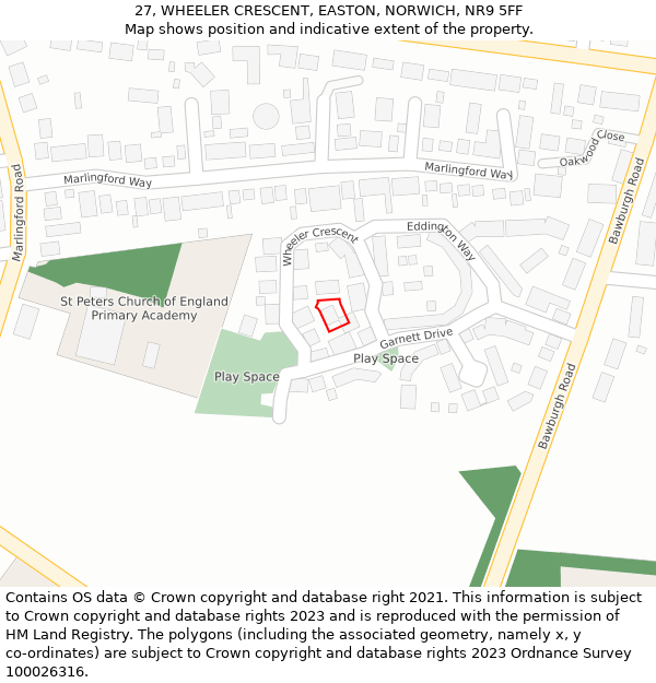 27, WHEELER CRESCENT, EASTON, NORWICH, NR9 5FF: Location map and indicative extent of plot