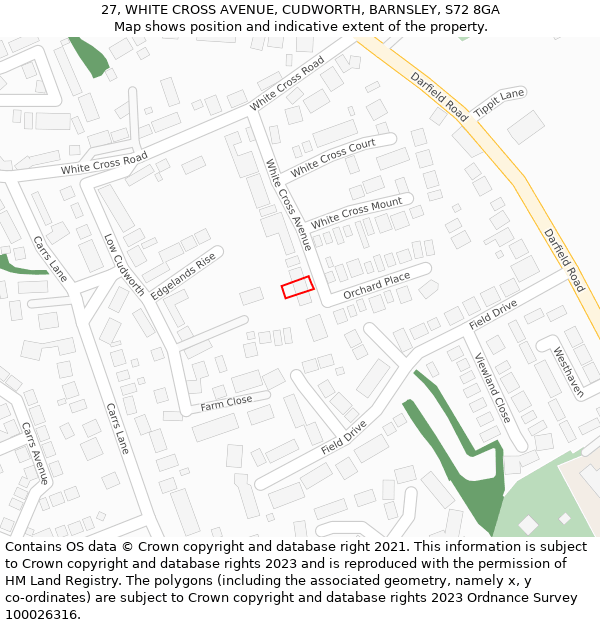 27, WHITE CROSS AVENUE, CUDWORTH, BARNSLEY, S72 8GA: Location map and indicative extent of plot