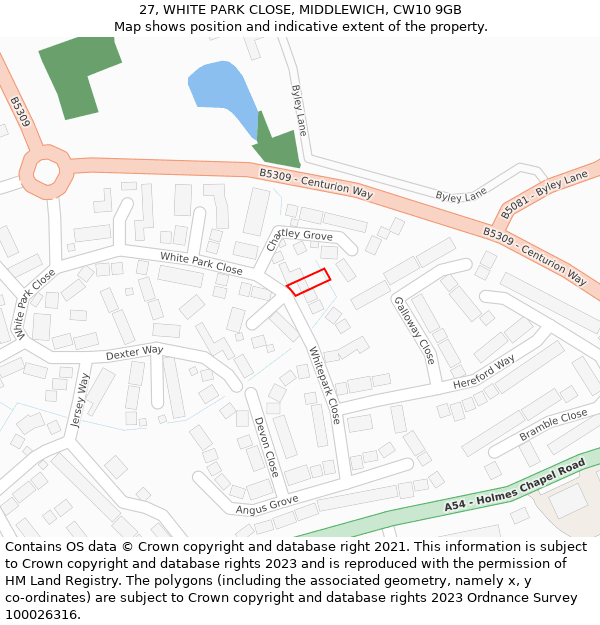 27, WHITE PARK CLOSE, MIDDLEWICH, CW10 9GB: Location map and indicative extent of plot