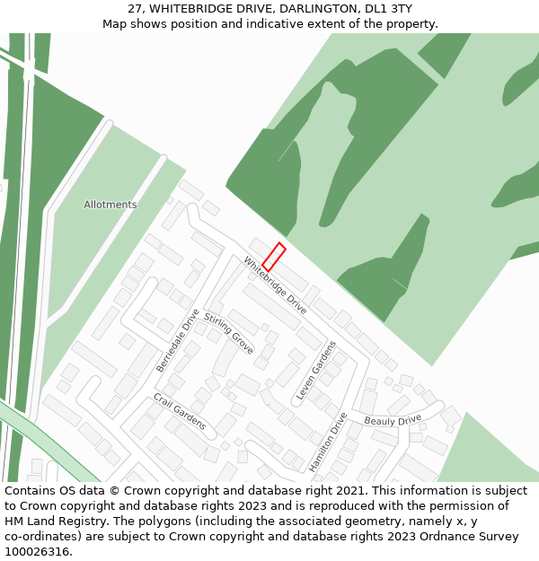 27, WHITEBRIDGE DRIVE, DARLINGTON, DL1 3TY: Location map and indicative extent of plot