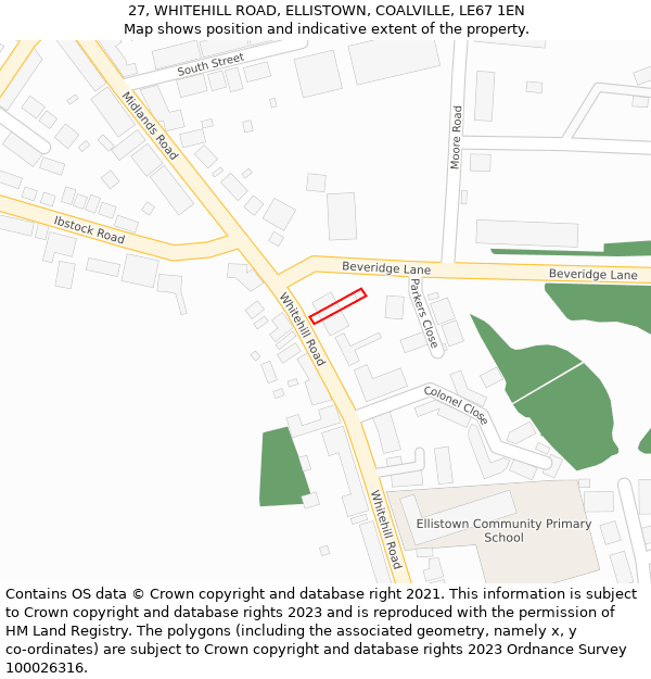 27, WHITEHILL ROAD, ELLISTOWN, COALVILLE, LE67 1EN: Location map and indicative extent of plot