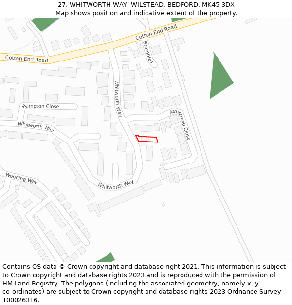 27, WHITWORTH WAY, WILSTEAD, BEDFORD, MK45 3DX: Location map and indicative extent of plot