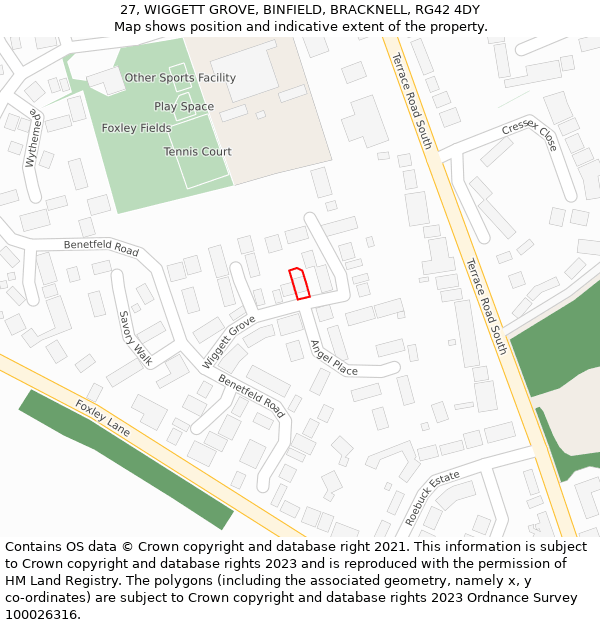 27, WIGGETT GROVE, BINFIELD, BRACKNELL, RG42 4DY: Location map and indicative extent of plot