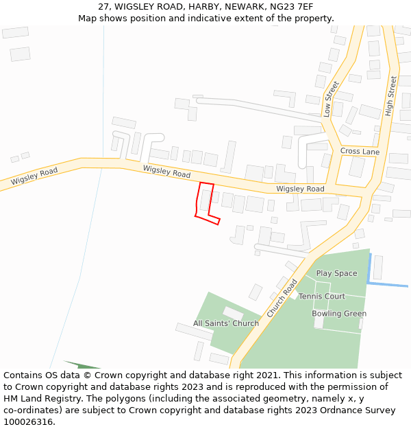 27, WIGSLEY ROAD, HARBY, NEWARK, NG23 7EF: Location map and indicative extent of plot