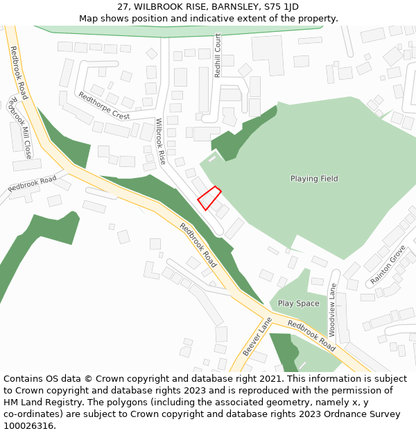 27, WILBROOK RISE, BARNSLEY, S75 1JD: Location map and indicative extent of plot