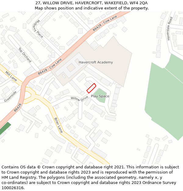 27, WILLOW DRIVE, HAVERCROFT, WAKEFIELD, WF4 2QA: Location map and indicative extent of plot