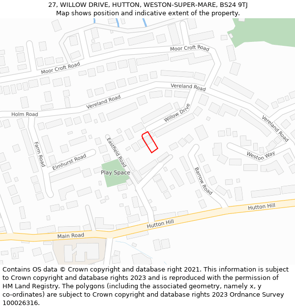 27, WILLOW DRIVE, HUTTON, WESTON-SUPER-MARE, BS24 9TJ: Location map and indicative extent of plot