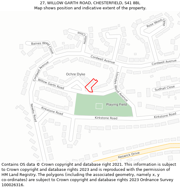 27, WILLOW GARTH ROAD, CHESTERFIELD, S41 8BL: Location map and indicative extent of plot