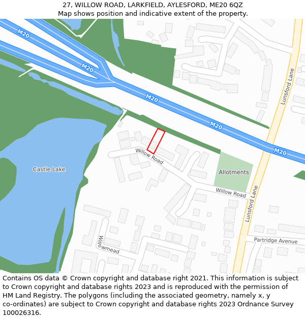 27, WILLOW ROAD, LARKFIELD, AYLESFORD, ME20 6QZ: Location map and indicative extent of plot