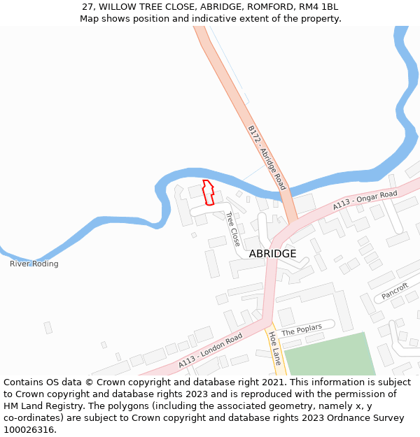 27, WILLOW TREE CLOSE, ABRIDGE, ROMFORD, RM4 1BL: Location map and indicative extent of plot