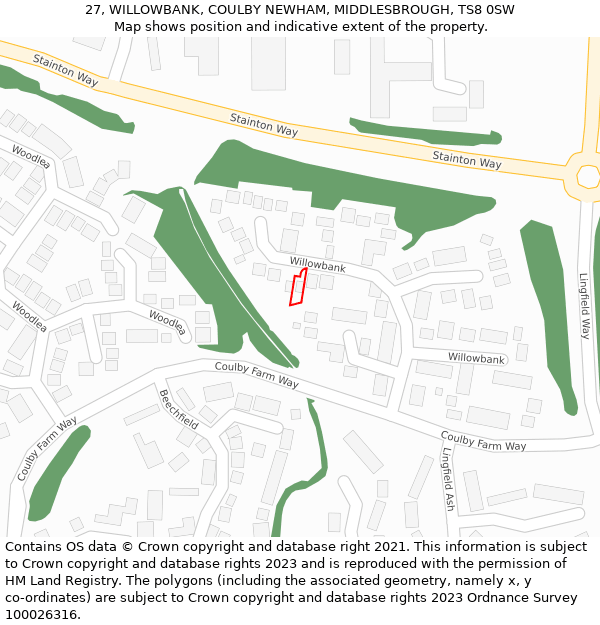 27, WILLOWBANK, COULBY NEWHAM, MIDDLESBROUGH, TS8 0SW: Location map and indicative extent of plot