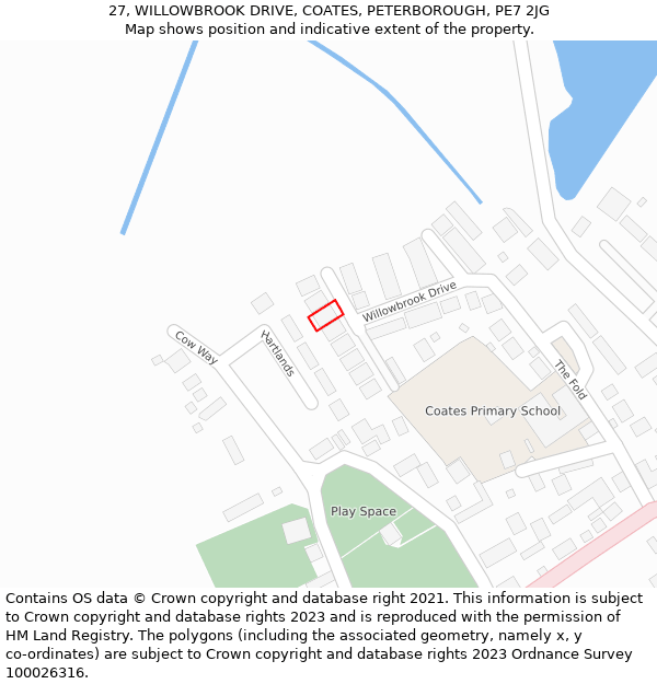 27, WILLOWBROOK DRIVE, COATES, PETERBOROUGH, PE7 2JG: Location map and indicative extent of plot