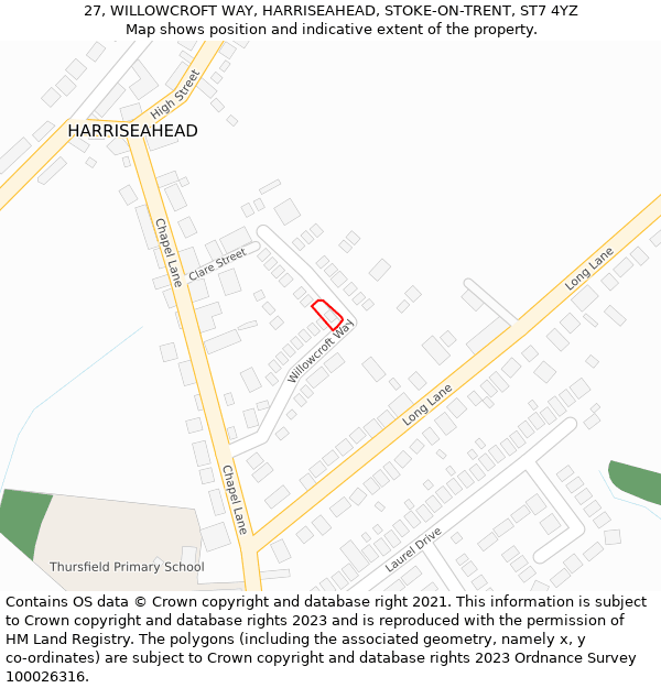 27, WILLOWCROFT WAY, HARRISEAHEAD, STOKE-ON-TRENT, ST7 4YZ: Location map and indicative extent of plot