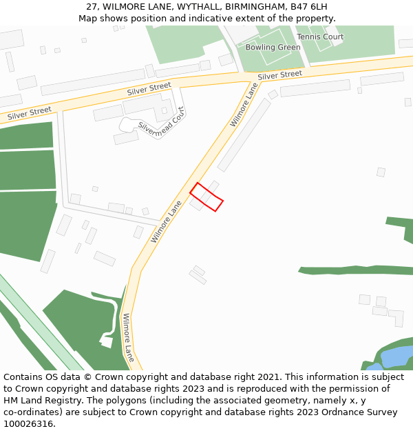 27, WILMORE LANE, WYTHALL, BIRMINGHAM, B47 6LH: Location map and indicative extent of plot