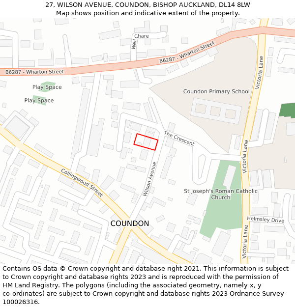 27, WILSON AVENUE, COUNDON, BISHOP AUCKLAND, DL14 8LW: Location map and indicative extent of plot