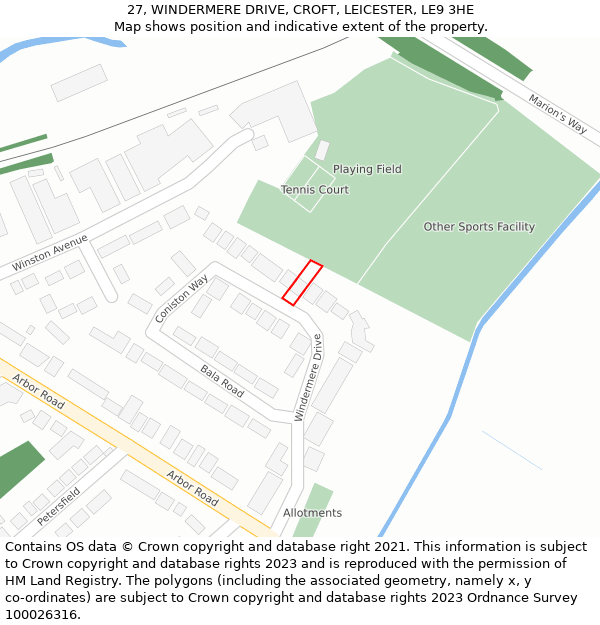 27, WINDERMERE DRIVE, CROFT, LEICESTER, LE9 3HE: Location map and indicative extent of plot