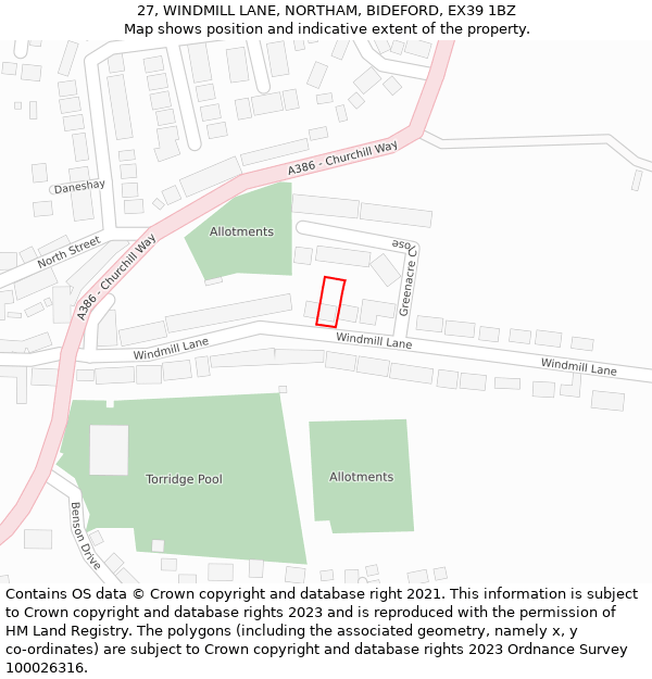 27, WINDMILL LANE, NORTHAM, BIDEFORD, EX39 1BZ: Location map and indicative extent of plot