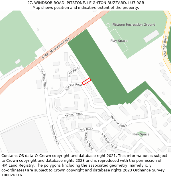 27, WINDSOR ROAD, PITSTONE, LEIGHTON BUZZARD, LU7 9GB: Location map and indicative extent of plot