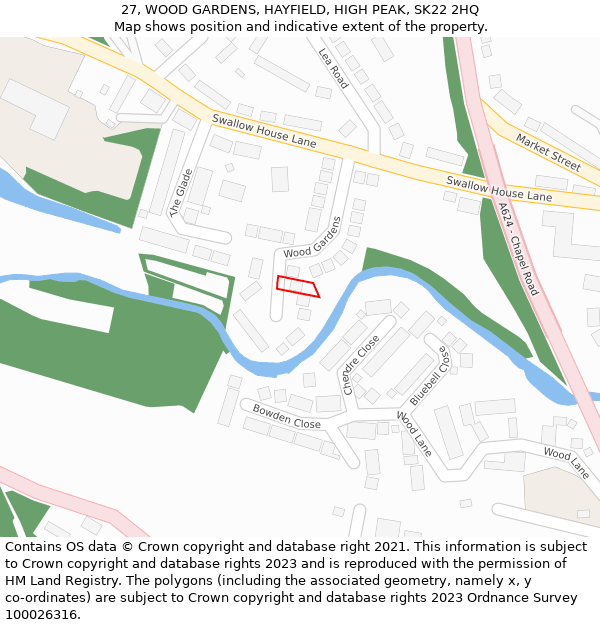 27, WOOD GARDENS, HAYFIELD, HIGH PEAK, SK22 2HQ: Location map and indicative extent of plot