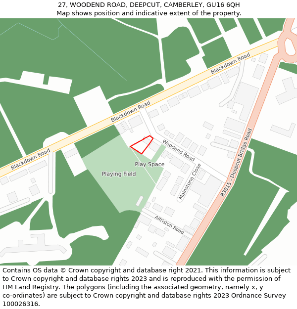 27, WOODEND ROAD, DEEPCUT, CAMBERLEY, GU16 6QH: Location map and indicative extent of plot