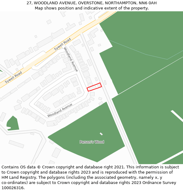 27, WOODLAND AVENUE, OVERSTONE, NORTHAMPTON, NN6 0AH: Location map and indicative extent of plot