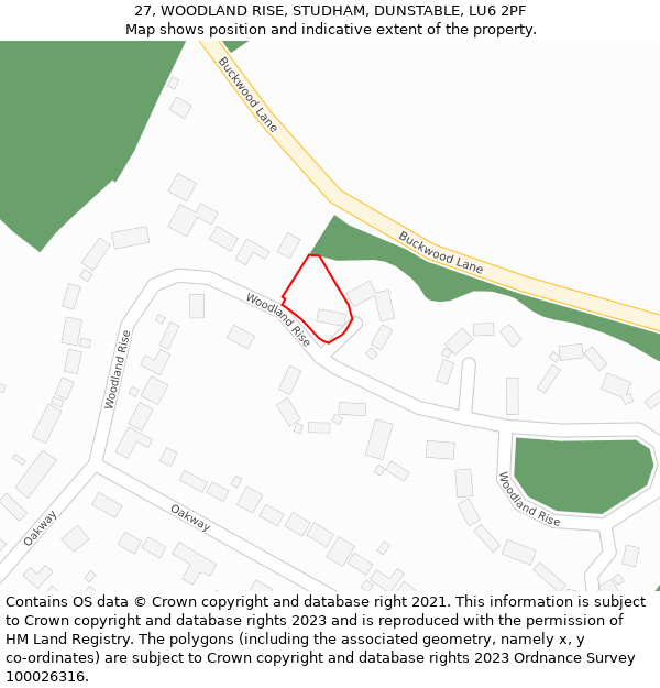 27, WOODLAND RISE, STUDHAM, DUNSTABLE, LU6 2PF: Location map and indicative extent of plot