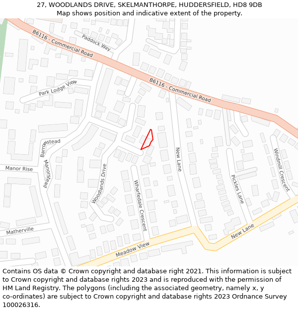 27, WOODLANDS DRIVE, SKELMANTHORPE, HUDDERSFIELD, HD8 9DB: Location map and indicative extent of plot