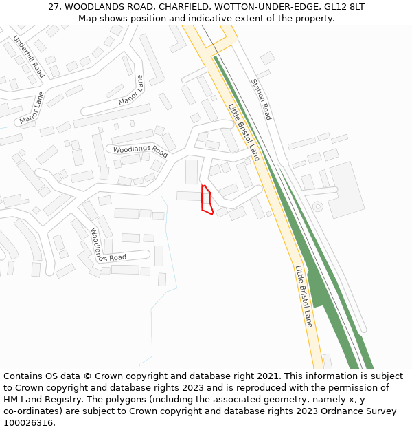 27, WOODLANDS ROAD, CHARFIELD, WOTTON-UNDER-EDGE, GL12 8LT: Location map and indicative extent of plot