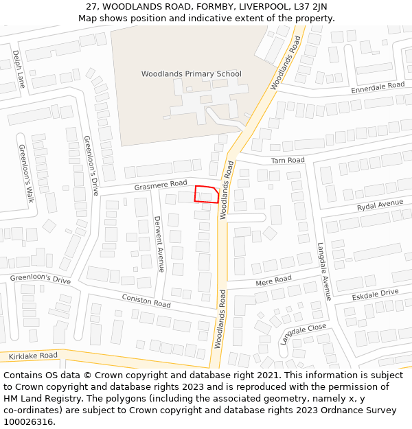 27, WOODLANDS ROAD, FORMBY, LIVERPOOL, L37 2JN: Location map and indicative extent of plot