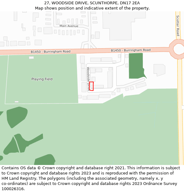 27, WOODSIDE DRIVE, SCUNTHORPE, DN17 2EA: Location map and indicative extent of plot