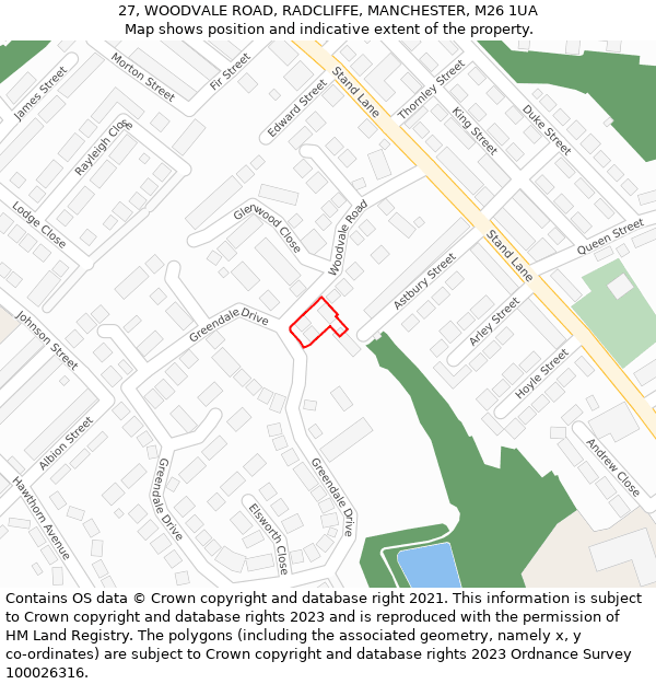 27, WOODVALE ROAD, RADCLIFFE, MANCHESTER, M26 1UA: Location map and indicative extent of plot