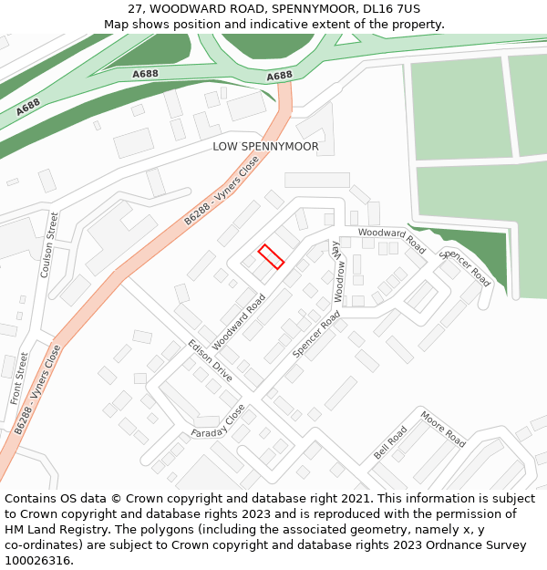 27, WOODWARD ROAD, SPENNYMOOR, DL16 7US: Location map and indicative extent of plot