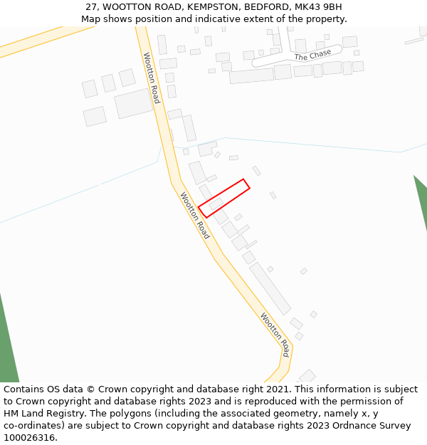 27, WOOTTON ROAD, KEMPSTON, BEDFORD, MK43 9BH: Location map and indicative extent of plot