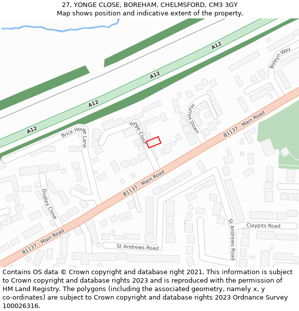 27, YONGE CLOSE, BOREHAM, CHELMSFORD, CM3 3GY: Location map and indicative extent of plot